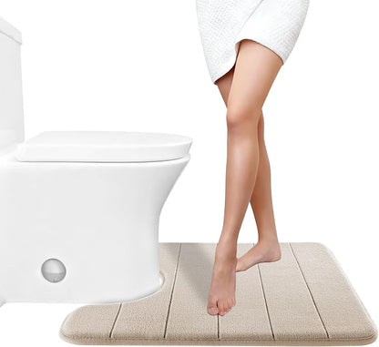 Yimobra Memory Foam Toilet Bath Mat U-Shaped, Soft and Comfortable, Super Water Absorption, Non-Slip, Thick, Machine Wash and Easier to Dry for Bathroom Commode Contour Rug, 24 X 20 Inches, Beige