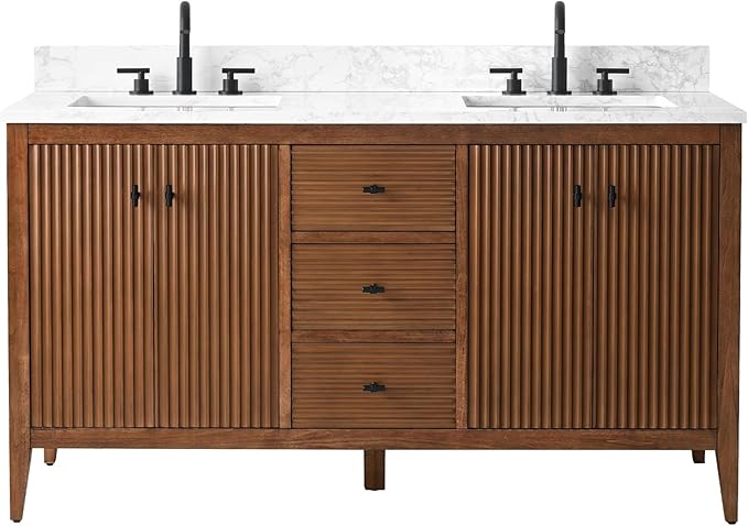 Vanity Art 60 inch Walnut Bathroom Vanity with Double Sink & Ceramic Top, Vanity Cabinet with Soft-Closing Door, Solid Wood Frame, Linear Pattern, Walnut, VA9160-DWalnut-MB,Matte Black Handles
