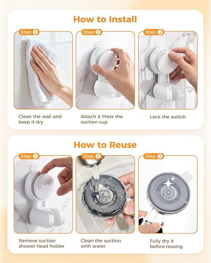 JOTPE Adjustable Shower Head Holder with Suction Cup Wall Mount, White | Fits most handheld shower heads. Adjustable, reusable suction cup mounts without drilling on smooth, non-porous surfaces