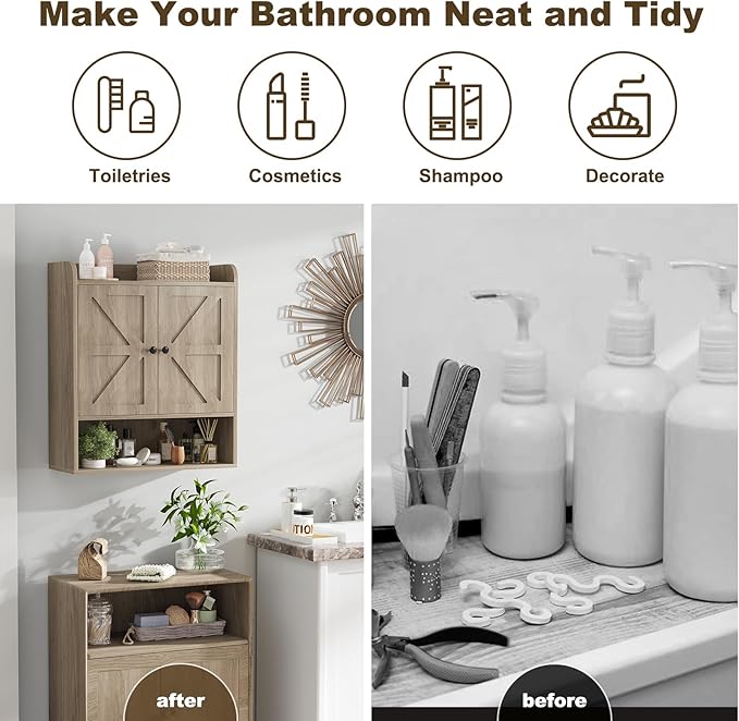 EasyCom 22" W x 26" H Bathroom Wall Cabinet, Farmhouse Medicine Cabinet with Adjustable Shelves and Double Barn Doors, Over The Toilet Storage Cabinet for Bathroom, Kitchen, Living Room, Oak Grey