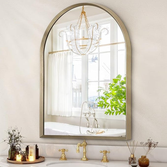 Bathroom Arched Wall Mirror Brushed Metal Vanity Wall Mounted Mirror for LivingRoom Bedroom Entryway Room Vanity Home Decor 28"x20"