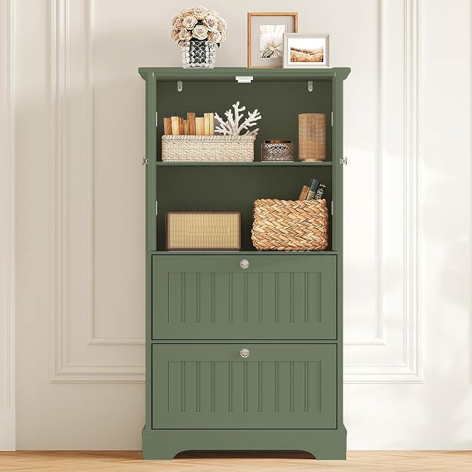 Treocho Bathroom Floor Cabinet with 2 Drawers and Adjustable Shelf | Bathroom Storage Cabinet, Freestanding Cupboard Pantry for Kitchen, Living Room, Dining Room, Green