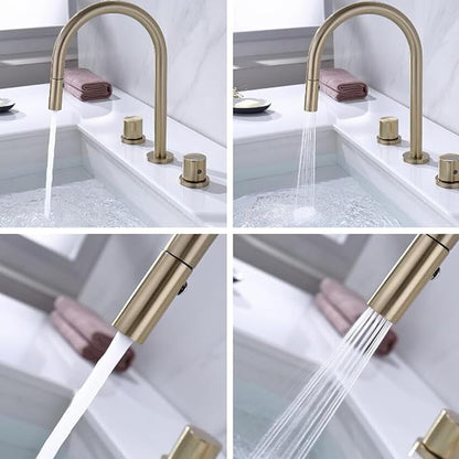3 Hole Basin Faucets Pull Out Basin Mixer Faucet Bathroom Mixer Faucet 2 Mode Nozzle Hot and Cold Water Brass Double Handle-Brushed Gold