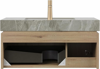 Bathroom Vanity with Sink 36 Inch, Floating Bathroom Vanity Sink Cabinet with Drawer and Door, Undermount Sink & Light Gray Sintered Stone Top, Pre-Assembled, White Oak