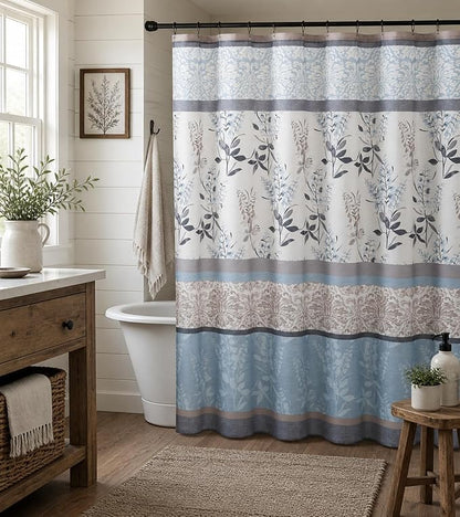 Blue Floral Fabric Shower Curtain Farmhouse Border Design for Bath 72x72 | Luxurious Elegant Country Boho Vintage Flowers with Damask Design , Light Blue Beige White Taupe, Washable & Durable