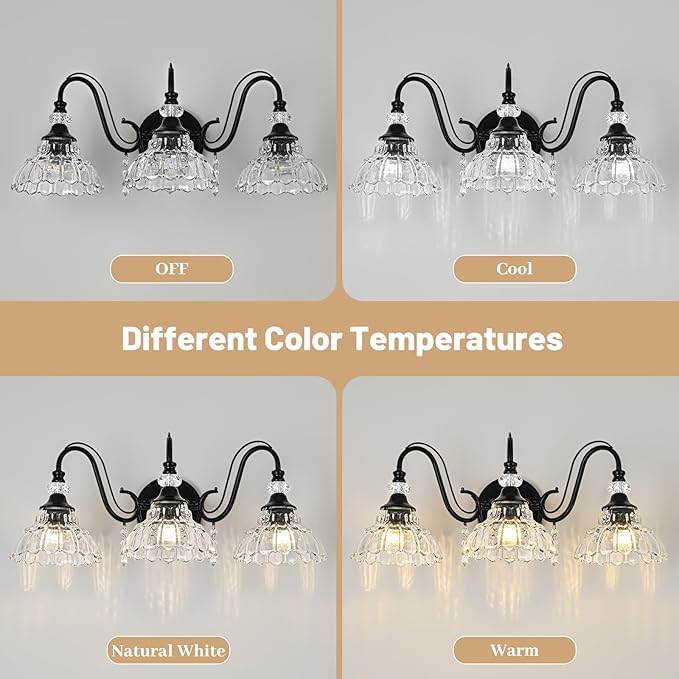Black Bathroom Vanity Light, 3-Light Matte Black Finish Farmhouse Wall Sconce with Hanging Crystal Accents and Flower-Shaped Clear Glass Shades, Retro Wall Mount Vanity Light Over Mirror for Bathroom