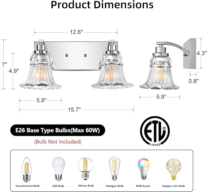 Vintage 2-Light Bathroom Vanity Light, Chrome Bathroom Light Fixtures with Floral Clear Glass Shades, Antique Wall Sconce Fixtures for Dressing Table, Bedroom