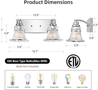 Vintage 2-Light Bathroom Vanity Light, Chrome Bathroom Light Fixtures with Floral Clear Glass Shades, Antique Wall Sconce Fixtures for Dressing Table, Bedroom