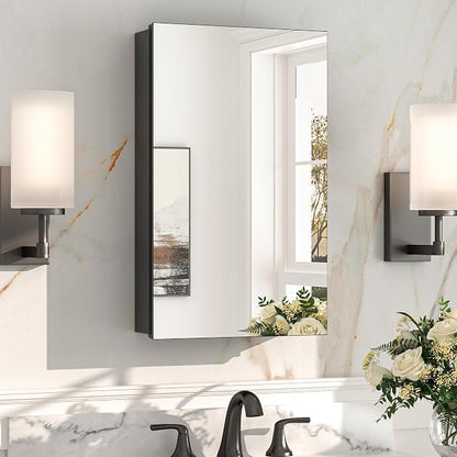 Keonjinn Black Medicine Cabinet with Mirror 14"x24", Lightweight Aluminum | Assembly Needed, Adjustable Shelves, Surface Mount or in Wall, HD Tempered Glass, Soft Closing, Bathroom Mirror with Storage