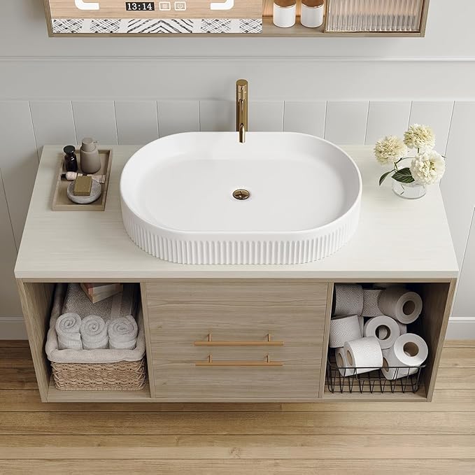 Pvillez 40 Inch Modern Bathroom Vanity Floating Bathroom Vanities with Above-Ground Oval Sink 40" Wall Mounted Bathroom Sink Cabinet with 2 Drawers&2 Open Shelves&Gold Metal Handle, Oak