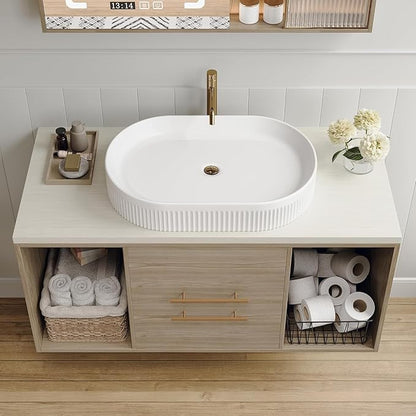 Pvillez 40 Inch Modern Bathroom Vanity Floating Bathroom Vanities with Above-Ground Oval Sink 40" Wall Mounted Bathroom Sink Cabinet with 2 Drawers&2 Open Shelves&Gold Metal Handle, Oak