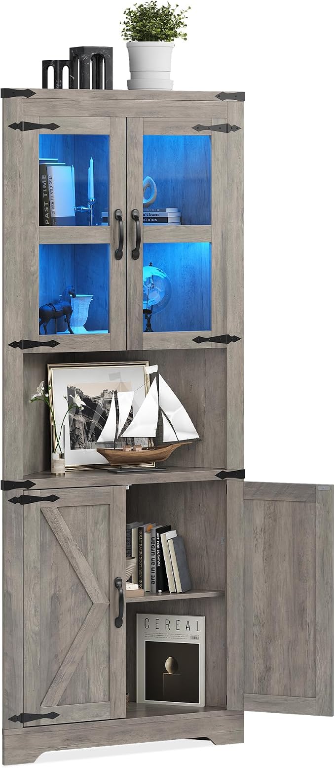 GarveeHome 67 in Tall Corner Storage Cabinet with Lights, Farmhouse Corner Hutch Display Cabinet with Glass Doors, Wooden Storage Organizer for Kitchen, Living Room, Bathroom, Washed Grey