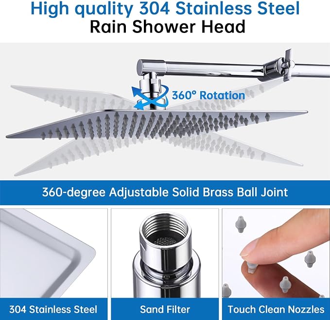G-Promise 12 Inch All Metal Rain Shower Head with Extension Arm | Built to Last, Rust Resistant, Easy to Install, Adjustable, Full Body Coverage Large Rainfall Shower Head, Daily SPA