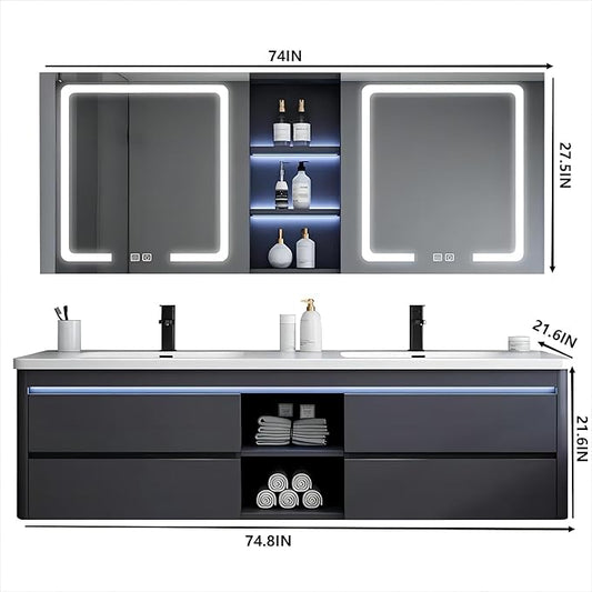 55IN Double Sink Vanity, 4 Drawers, Two LED Smart Touch Mirror Cabinets, Open Center Compartment, Body Sensor Lights, Wall Mounted Storage Vanity (75IN)