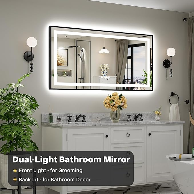 60x30 Inch LED Bathroom Mirror with Black Frame, Backlit & Front Lit, Anti-Fog Lighted Bathroom Vanity Mirror for Wall, Memory Function, Dimmable, HD Tempered Glass, Shatter-Proof