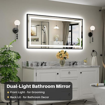 60x30 Inch LED Bathroom Mirror with Black Frame, Backlit & Front Lit, Anti-Fog Lighted Bathroom Vanity Mirror for Wall, Memory Function, Dimmable, HD Tempered Glass, Shatter-Proof
