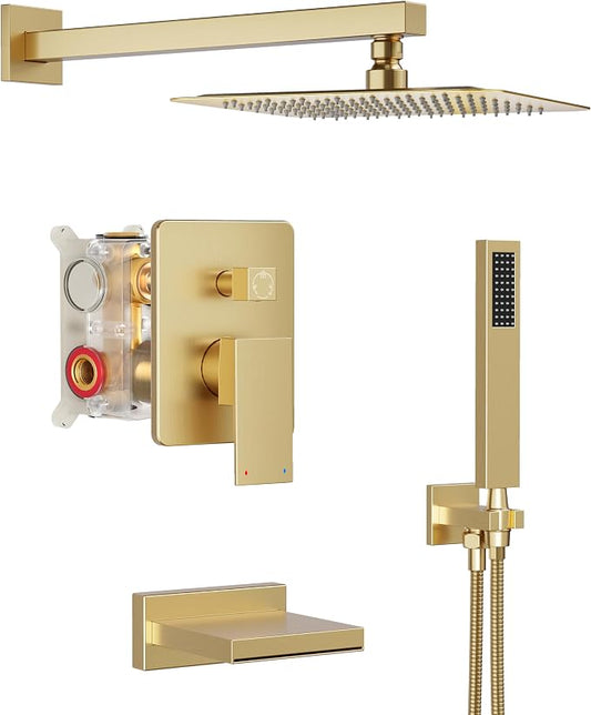 Gold Tub Shower System with 12" Rain Head, Handheld & Valve Kit | All-Metal Tub Shower Faucet Set, Wall Mounted Rain Showerhead, Handheld Spray, Includes Valve and Trim Kit, Brushed Gold
