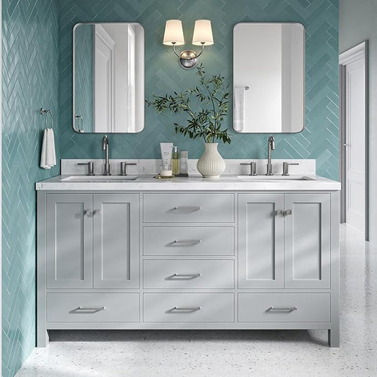 DKB Beckford 66" Grey Double Bathroom Vanity, 1.5" Edge Carrara White Quartz Countertop, Dual Rectangular Undermount Sinks, 4 Soft-Closing Doors, 6 Dovetail Drawers