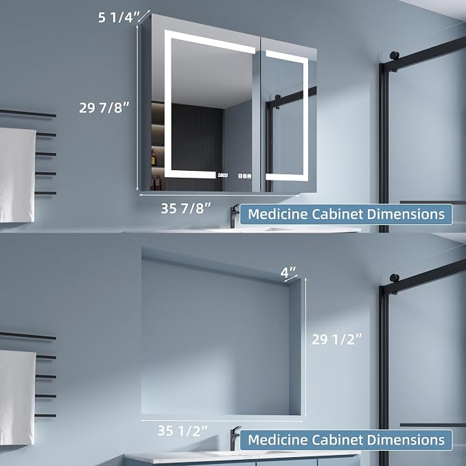Medicine Cabinet with Lights 36x30 Anti-Fog Mirror Dimmable | 3 Color Dimmable LED. Time/Temp Display. Anti-Fog IP44. 2 Outlets+2 USB. Plug-in/Hardwired. Recessed/Surface Mount.
