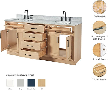 ARIEL Hepburn 72-inch Bathroom Vanity with Sink,Solid Wood, 1.5-inch Italian Carrara Marble Countertop, Double Rectangular Porcelain Sink, 4 Soft Closing Doors, 6 Dovetail Drawers, White Oak