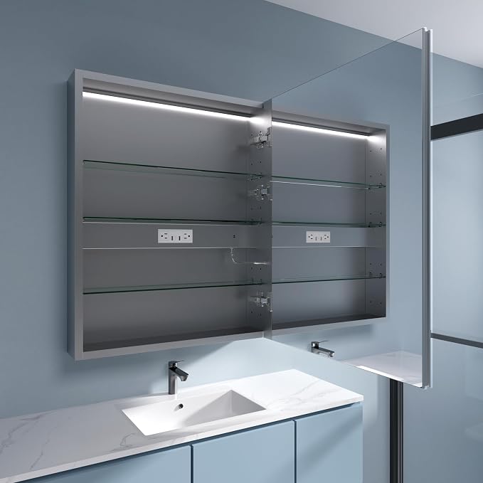 LED Medicine Cabinet 24x30 Anti-Fog Mirror Dimmable Recessed Mount | 3 Color Dimmable LED. Time Temp Display. Anti-Fog IP44. 2 Outlets+2 USB. Plug-in/Hardwired. Recessed/Wall Mount. Right Hinge.