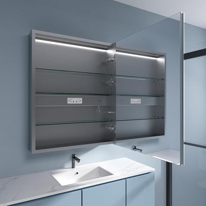 LED Medicine Cabinet 24x30 Anti-Fog Mirror Dimmable Recessed Mount | 3 Color Dimmable LED. Time Temp Display. Anti-Fog IP44. 2 Outlets+2 USB. Plug-in/Hardwired. Recessed/Wall Mount. Right Hinge.