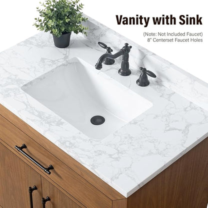 HOMEBEYOND 36" Bathroom Vanity with Single Sink & Ceramic Top, MDF Material Vanity Cabinet with Basin Combo, Soft-Closing Doors, Removable Shelf, Backsplash, Tan