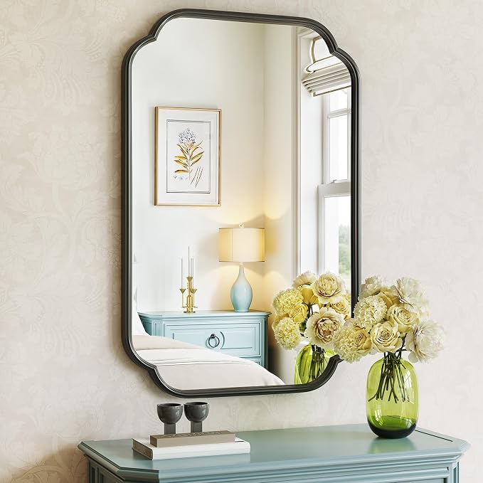 Black Bathroom Scalloped Mirror for Over Sink, 20” x 30” Rounded Corner Rectangle Wall Mirrors with Metal Frame, Modern Vanity Mirror for Mantel, Living Room, Bedroom, Horizontal or Vertical
