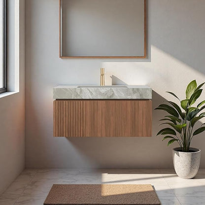 36" Bathroom Vanity with Sink, Wall-Mounted Plywood Bathroom Storage Cabinet with Ceramic Basin & Sintered Stone Countertop, Modern Pre-Assembled Floating Vanity with Drawer & Door, Brown Oak