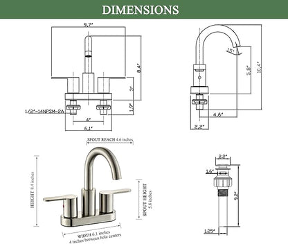 2 Handle Centerset Bathroom Sink Faucet Brushed Nickel with Drain Assembly, High Arc Modern 4 Inch Bathroom Vanity Lavatory Faucet 3 Holes with Brass 360° Swivel Spout, TAF067E-BN