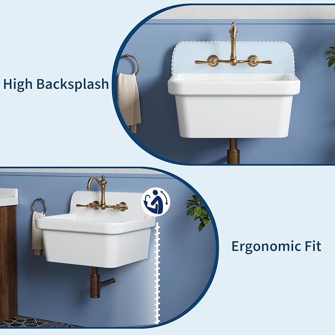 Garvee Utility Sink 24 x 20 Inch, Ceramic Laundry Sink with High Backsplash, Wall Mount, Farmhouse Design, Perfect for Garage, Washing Room, Kitchen, Bathroom