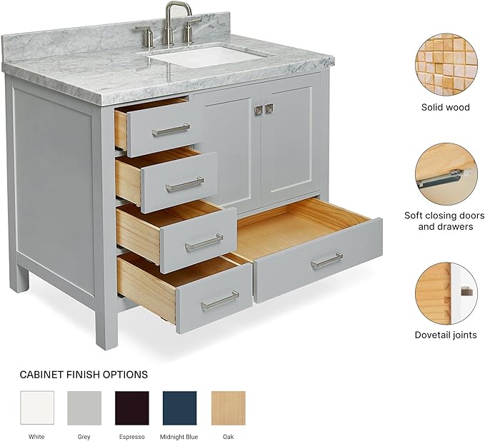 ARIEL Cambridge 42-inch Bathroom Vanity with Sink,Solid Wood, 1.5-inch Italian Carrara Marble Countertop, Single Rectangular Porcelain Sink, 2 Soft Closing Doors, 5 Dovetail Drawers, Grey