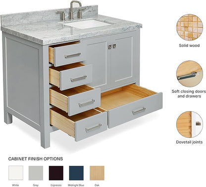 ARIEL Cambridge 42-inch Bathroom Vanity with Sink,Solid Wood, 1.5-inch Italian Carrara Marble Countertop, Single Rectangular Porcelain Sink, 2 Soft Closing Doors, 5 Dovetail Drawers, Grey
