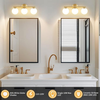 foucasal Gold 3-Light Globe Bathroom Vanity Light Fixture Over Mirror | G9 Socket, Plastic Milk Globe Shades, 4.72" Base, 10W Max, Adjustable Up/Down Light, Mid Century Style for Bathroom Bedroom