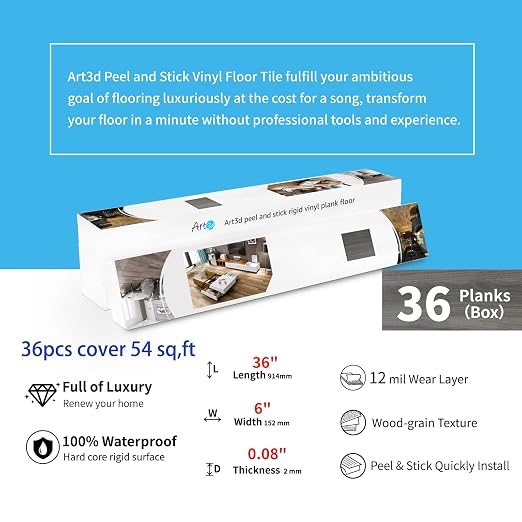 Art3d 36-Pack Wood Texture Peel and Stick Vinyl Flooring Tiles, Deep Gray | 18 & 54 sq.ft Options, Rigid Surface Hard Core, Waterproof, Self-Adhesive, Impact Resistant, Fit Indoor Household Spaces