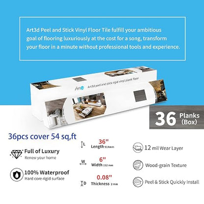 Art3d 36-Pack Wood Texture Peel and Stick Vinyl Flooring Tiles, Dusty Grey | 18 & 54 sq.ft Options, Rigid Surface Hard Core, Waterproof, Self-Adhesive, Impact Resistant, Fit Indoor Household Spaces