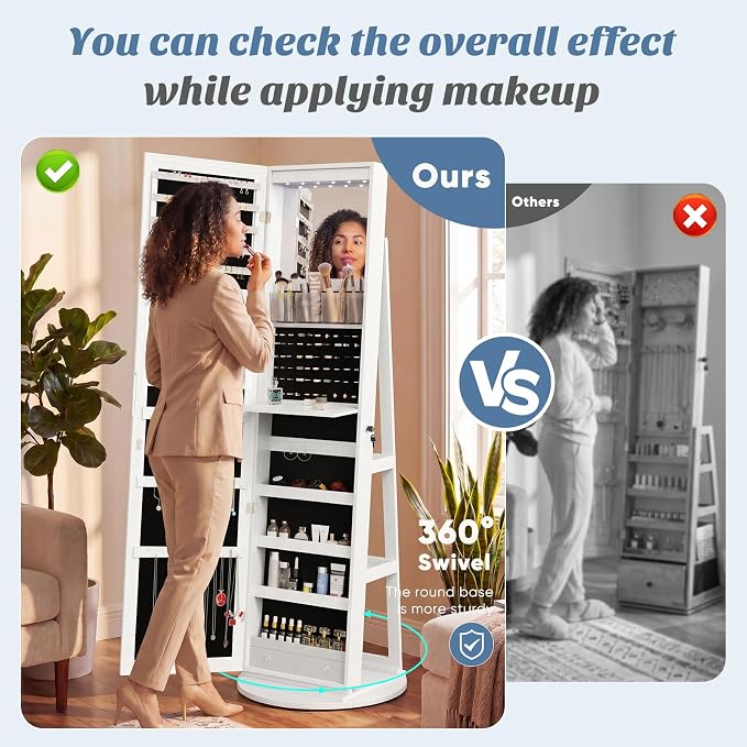 DUMOS 6 LEDs Standing Jewelry Armoire Cabinet, Full Length Mirror, Lockable | 360° Swivel, Jewelry Organizer and Storage, Build-in Mirror, Foldable Makeup Tray, Additional Storage Shelf, White