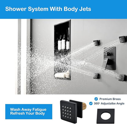 12" Rain Shower System with 4 Massage Body Jets,Shower Faucet Set Luxury Shower Head System with 3-in-1 Handheld,Wall Mounted Shower System Set with Valve and Trim Kit,Matte Black