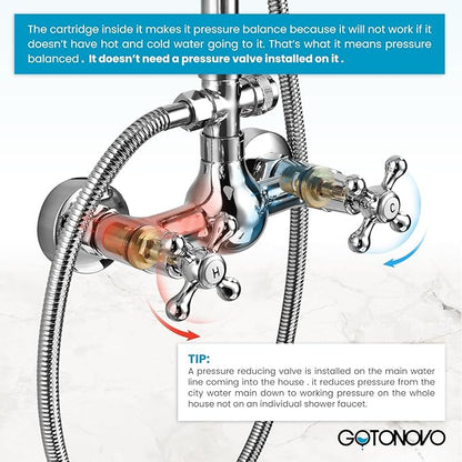 gotonovo Bathroom Shower Fixture Polish Chrome 8 Inch Rainfall Shower Head Set Wall Mount Shower Faucet and Handheld Spray Double Cross Handle
