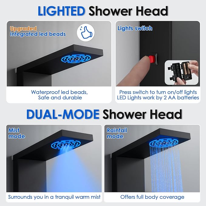 ROVOGO Shower Panel Tower System W/Led Lights, 5 Shower Modes, Matte Black | Rainfall Mist Shower Head, 3 Body Jets, Handheld and Tub Spout, Stainless Steel Shower Column With Mixing Valve, 46.5 Inch