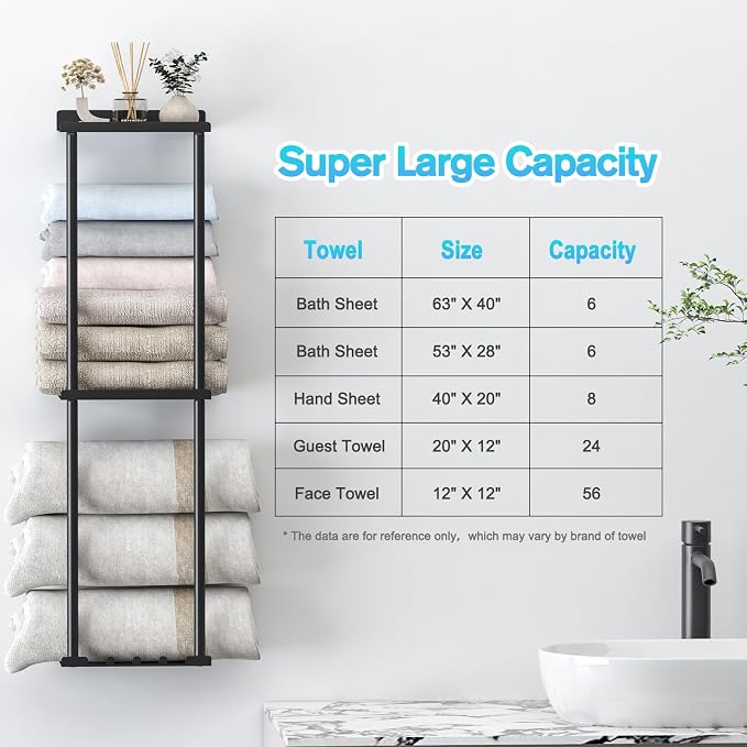 Liuoud Towel Rack for Bathroom, Wall Mounted Vertical Rolled Towel Storage Organizer Holder with Shelf, Holds Up 6 Large Bath Sheets, Black