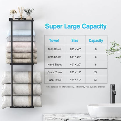 Liuoud Towel Rack for Bathroom, Wall Mounted Vertical Rolled Towel Storage Organizer Holder with Shelf, Holds Up 6 Large Bath Sheets, Black