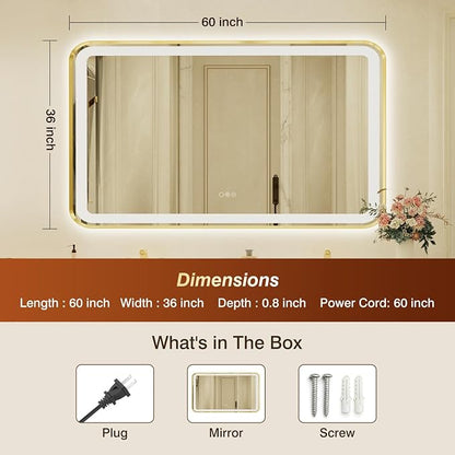 36x60 Inch LED Bathroom Mirror with Gold Frame,Front and Backlit Vanity Mirror, Stepless Dimmable Wall Mirrors with Anti-Fog, 3 Colors, Memory, Waterproof, LED Smart Bathroom Mirror