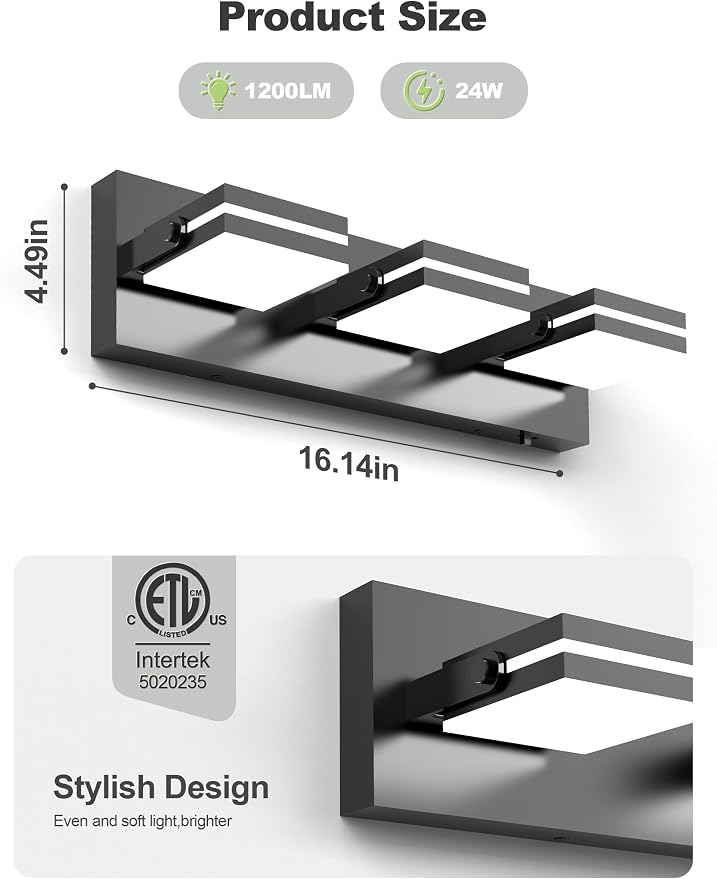 VOLISUN 3 Light Bathroom Vanity Light, 16.15 inch Dimmable Bathroom Light Fixtures Over Mirror, 5 Color Temperatures, 180°Rotatable Head, Black LED Vanity Lights for Bathrooms-ETL Certificated