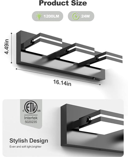 VOLISUN 3 Light Bathroom Vanity Light, 16.15 inch Dimmable Bathroom Light Fixtures Over Mirror, 5 Color Temperatures, 180°Rotatable Head, Black LED Vanity Lights for Bathrooms-ETL Certificated