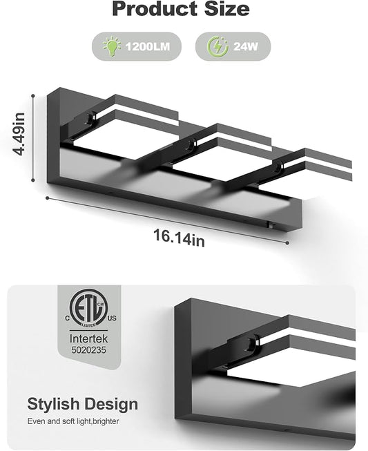 VOLISUN 3 Light Bathroom Vanity Light, 24 inch Dimmable Bathroom Light Fixtures Over Mirror, 5 Color Temperatures, 180°Rotatable Head, Black LED Vanity Lights for Bathrooms-ETL Certificated