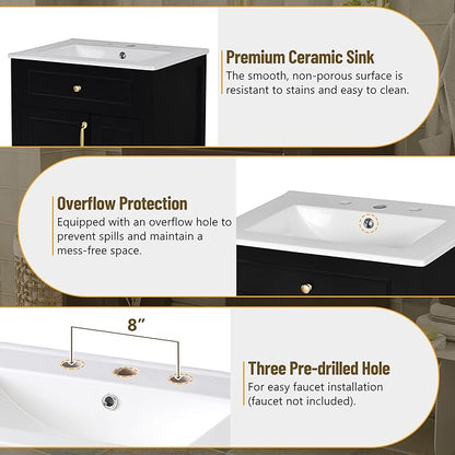 Favfurish 24" Bathroom Vanity with Ceramic Sink,Free Standing Single Basin Vanity w/Soft Close Door and Soft Closing Drawers,Wooden Bath Cabinet with Double Storage Racks on The Door,Black