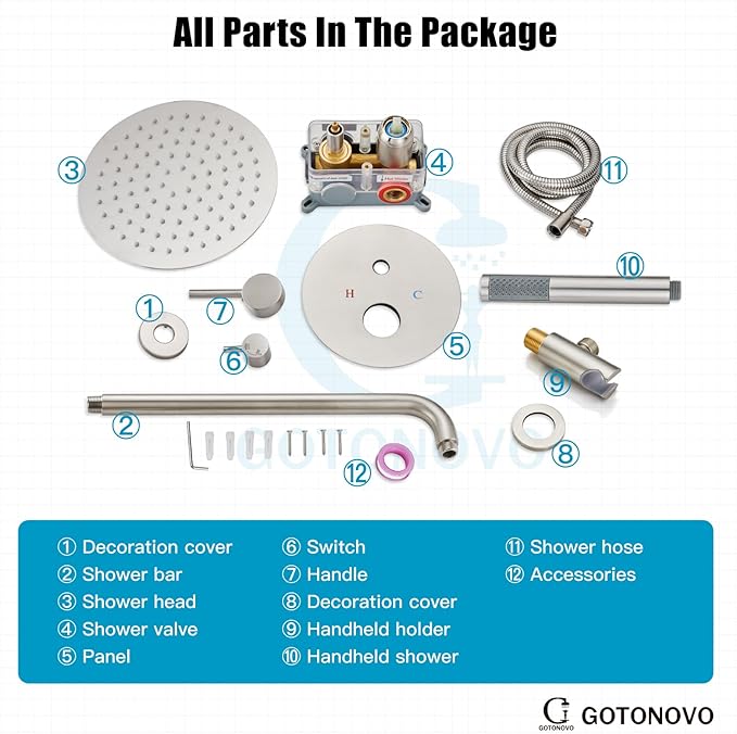 gotonovo Shower System 10 Inch Round Rainfall Showerhead Wall Mounted High Pressure Shower Faucet Set Fixture Combo with Rough in Valve and Cylindrical Handheld Spray, Brushed Nickel