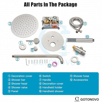 gotonovo Shower System 10 Inch Round Rainfall Showerhead Wall Mounted High Pressure Shower Faucet Set Fixture Combo with Rough in Valve and Cylindrical Handheld Spray, Brushed Nickel