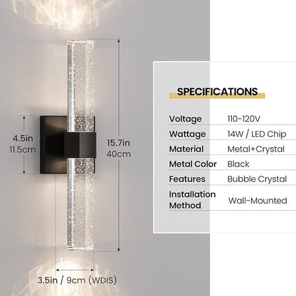 Black Sconces Wall Lighting - Modern Wall Sconces Set of Two Crystal Sconces Wall Decor Set of 2, 14W 3000K Dimmable Bathroom Vanity Light Fixtures for Hallway Bedroom Living Room